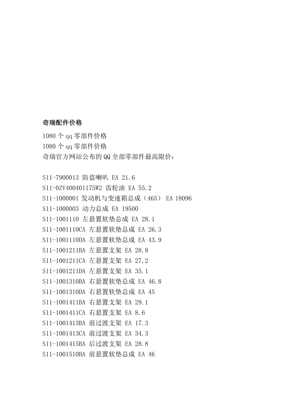 奇瑞配件价格[新版].doc_第1页