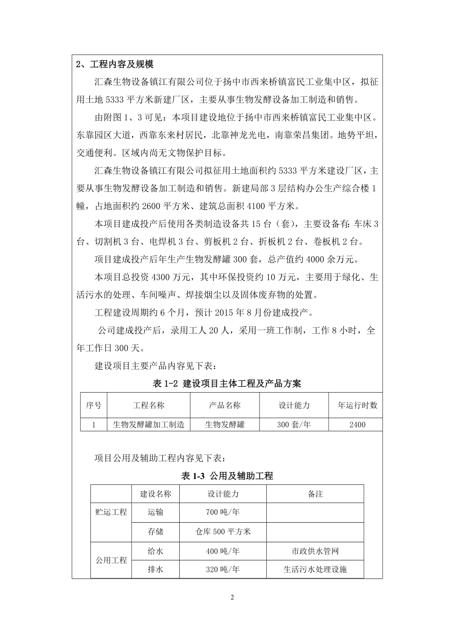 环境影响评价报告全本公示简介：生物发酵设备制造项目4646.doc_第2页