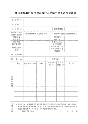 佛山市禅城区民用建筑履行人民防空义务认可申请表.doc