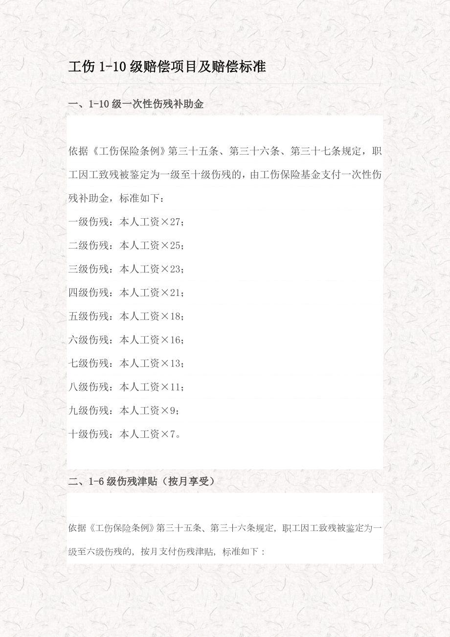 工伤110级赔偿项目及赔偿标准（事务所资料 详细版）.doc_第1页