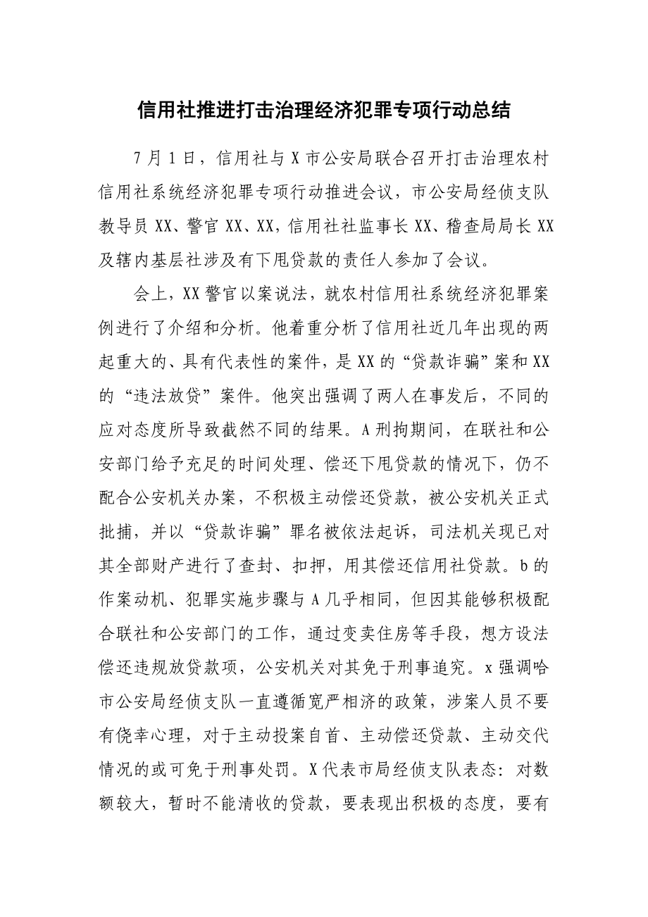 信用社推进打击治理经济犯罪专项行动总结.doc_第1页