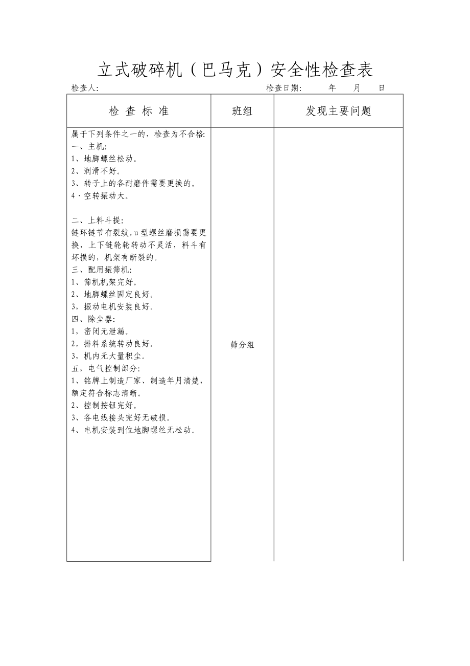 立式破碎机(巴马克)安全性检查表.doc_第1页