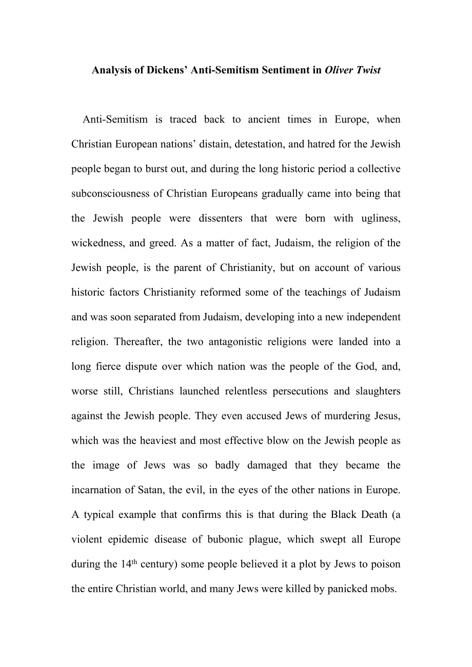 Analysis of Dickens’ AntiSemitism Sentiment in Oliver Twist.doc_第1页