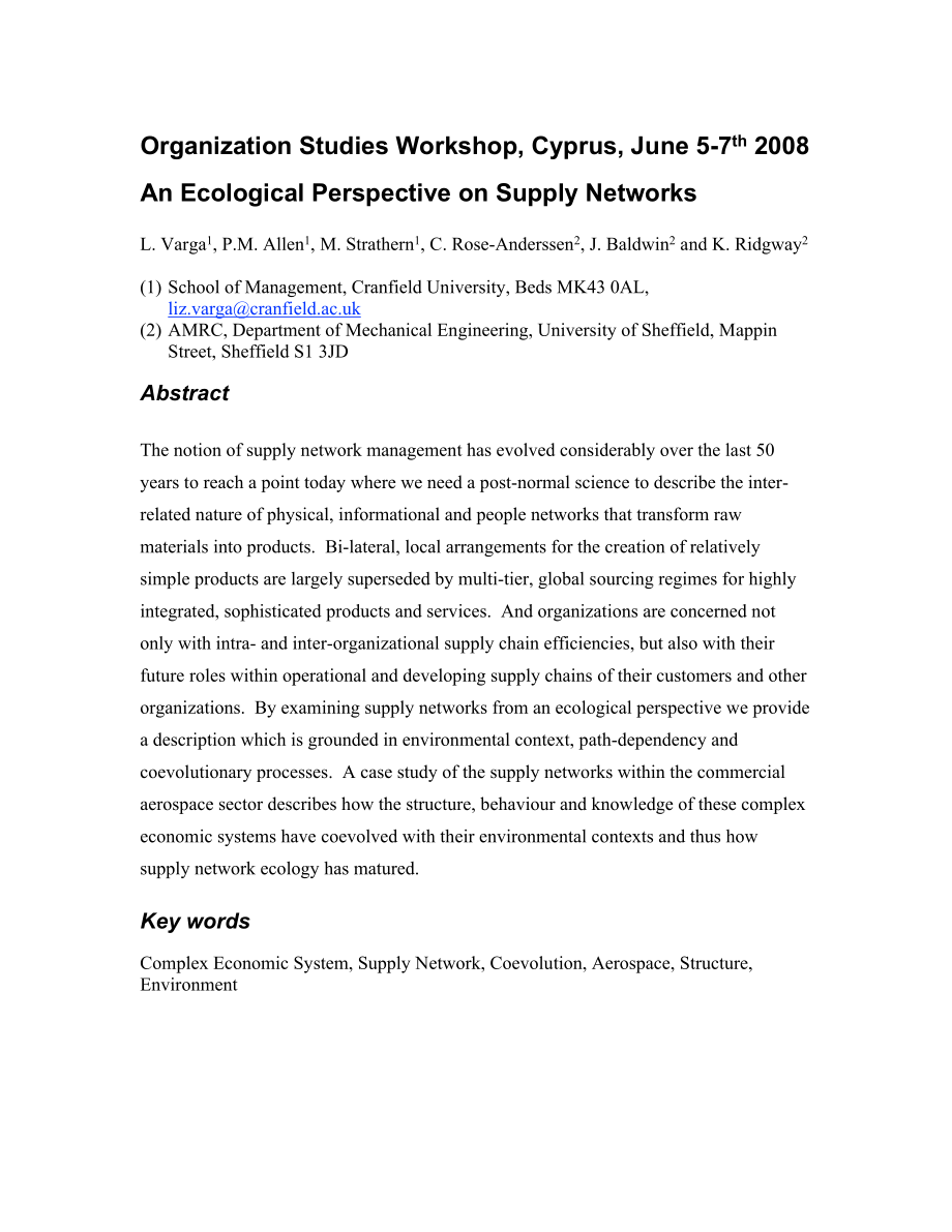 Organization Studies Workshop, Cyprus, June 57 thAn Ecological Perspective on Supply Networks.doc_第1页