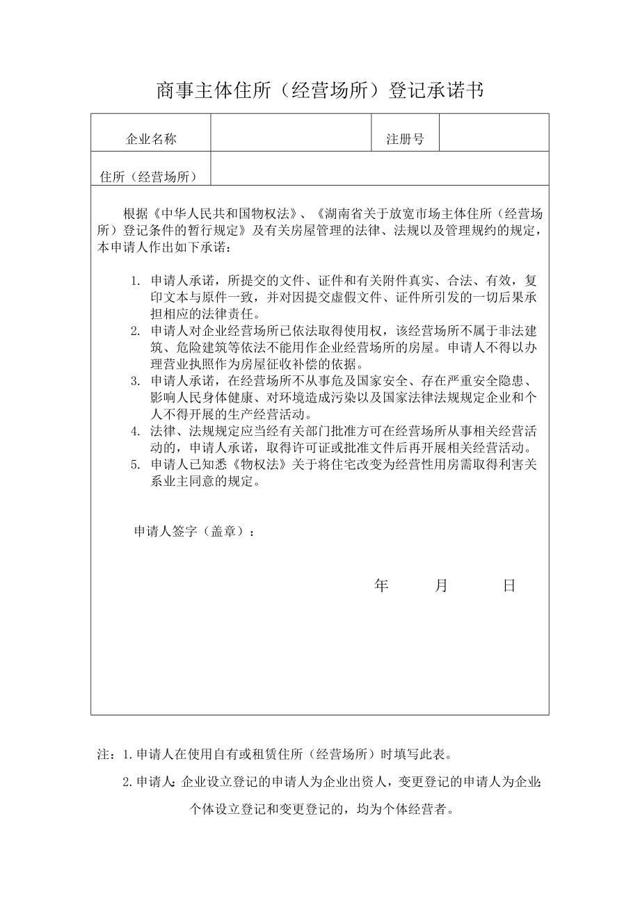 商事主体住所(经营场所)登记承诺书.doc_第1页