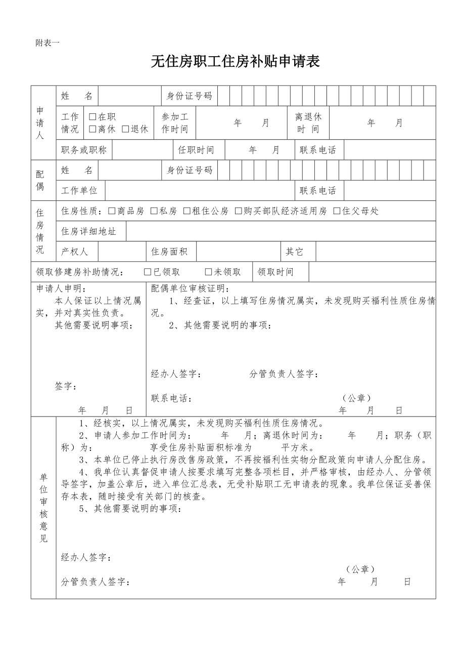 无住房职工住房补贴申请表.doc_第1页