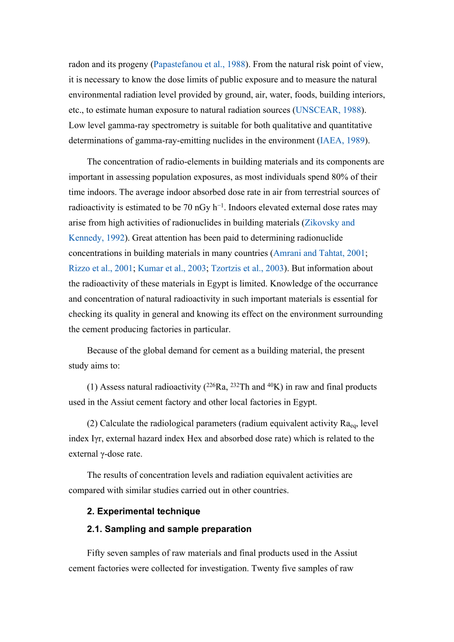 Assessment of natural radioactivity levels and radiation hazards due to cement industry 土木专英论文.doc_第2页