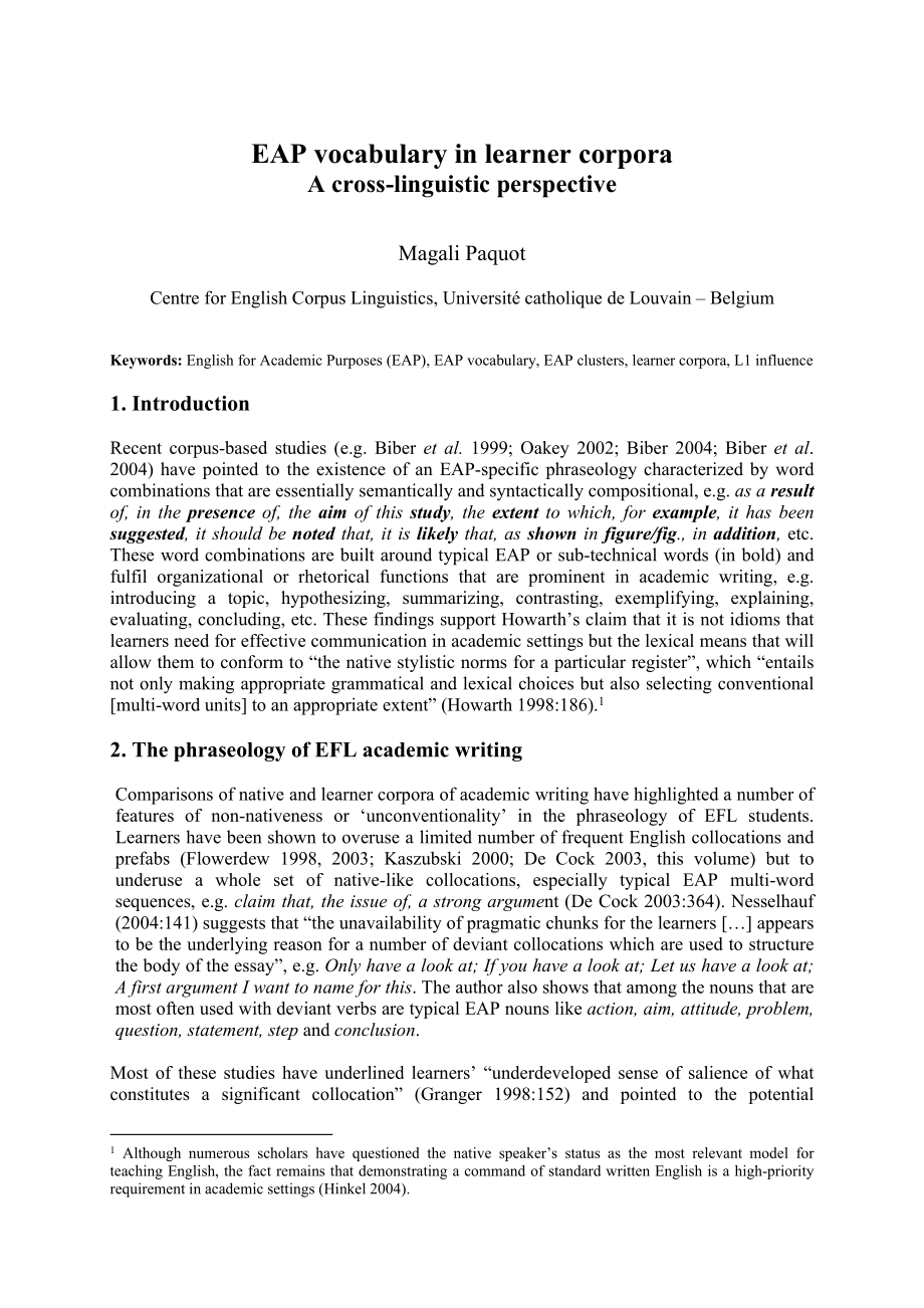 EAP VOCABULARY IN LEARNER CORPORA A CROSSLINGUISTIC PERSPECTIVE.doc_第1页