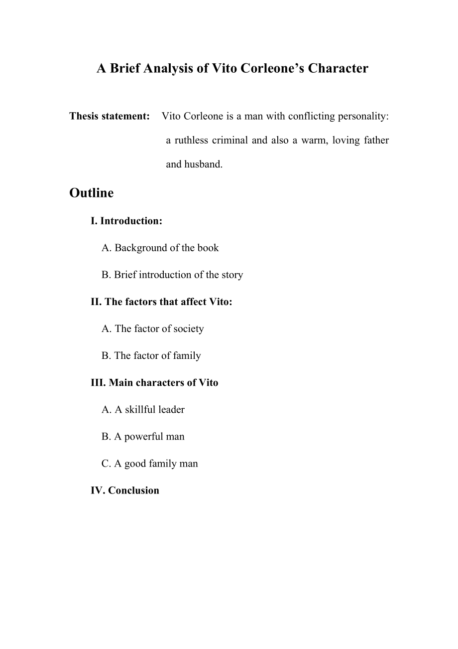 A Brief Analysis of Vito Corleone’s Character.doc_第1页