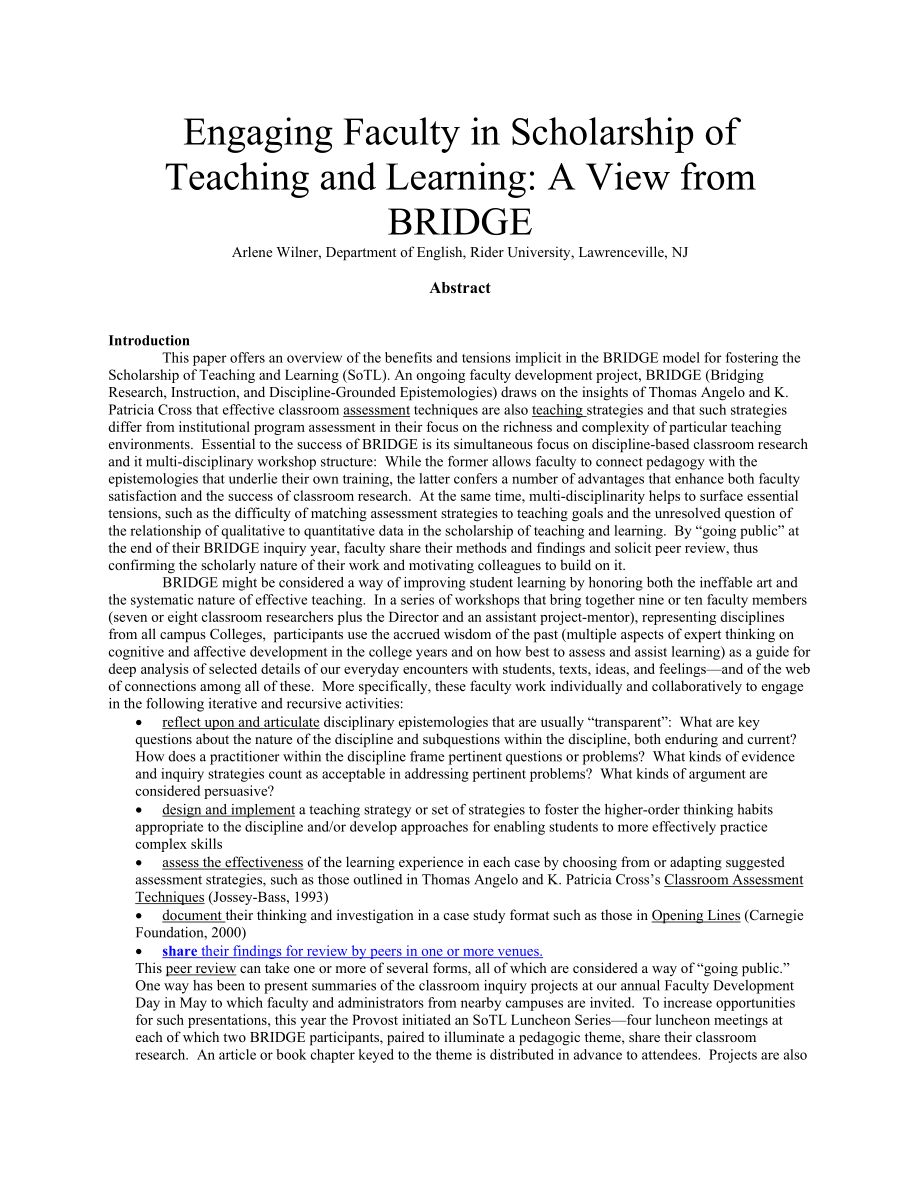 Engaging Faculty in Scholarship of Teaching and Learning A View from BRIDGE.doc_第1页