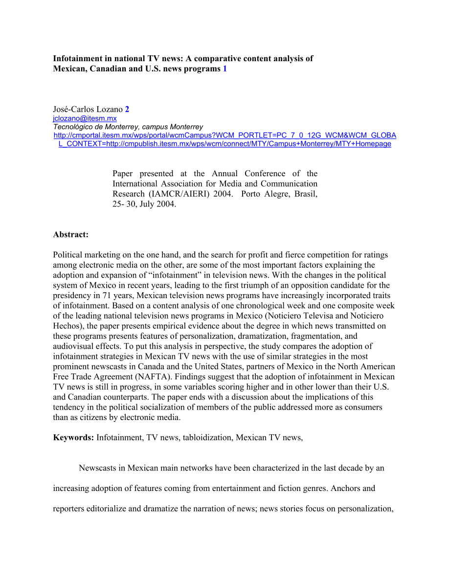 Infotainment in national TV news A comparative content analysis of Mexican, Canadian and US news programs.doc_第1页