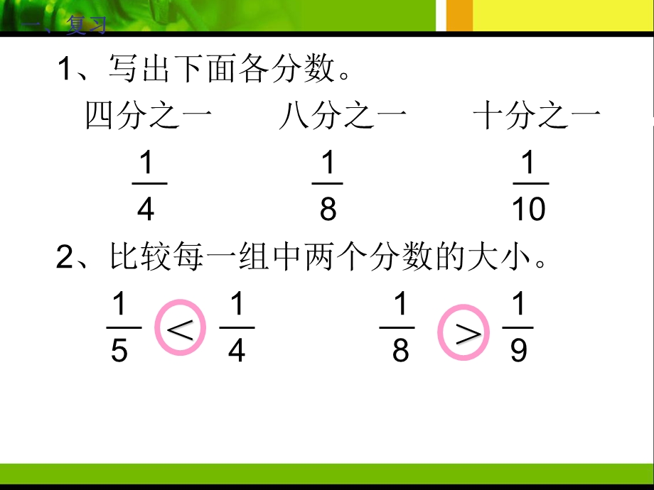 人教版三年级数学下册分数初步认识《几分之几》复习课程课件.ppt_第2页