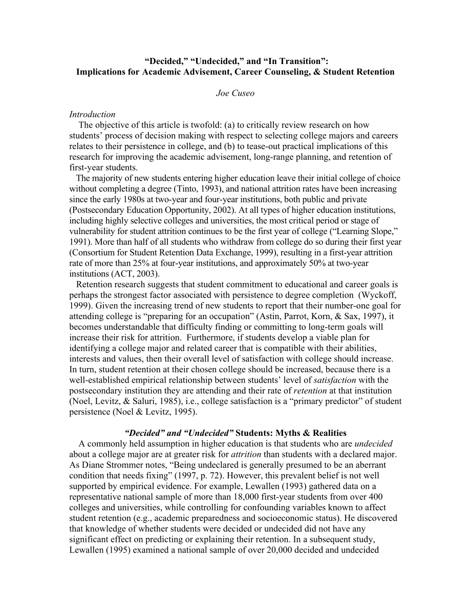 Decided,''undecided,'and'in transition' Implications for academic advisement, career counseling, and student retention.doc_第1页