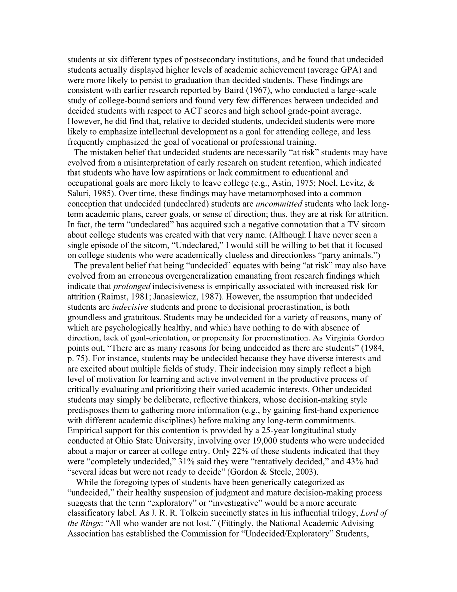 Decided,''undecided,'and'in transition' Implications for academic advisement, career counseling, and student retention.doc_第2页