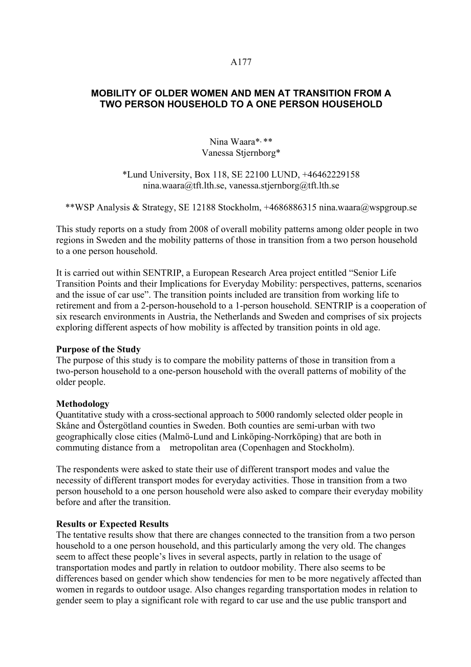 MOBILITY OF OLDER WOMEN AND MEN AT TRANSITION FROM A TWO PERSON HOUSEHOLD TO A ONE PERSON HOUSEHOLD.doc_第1页