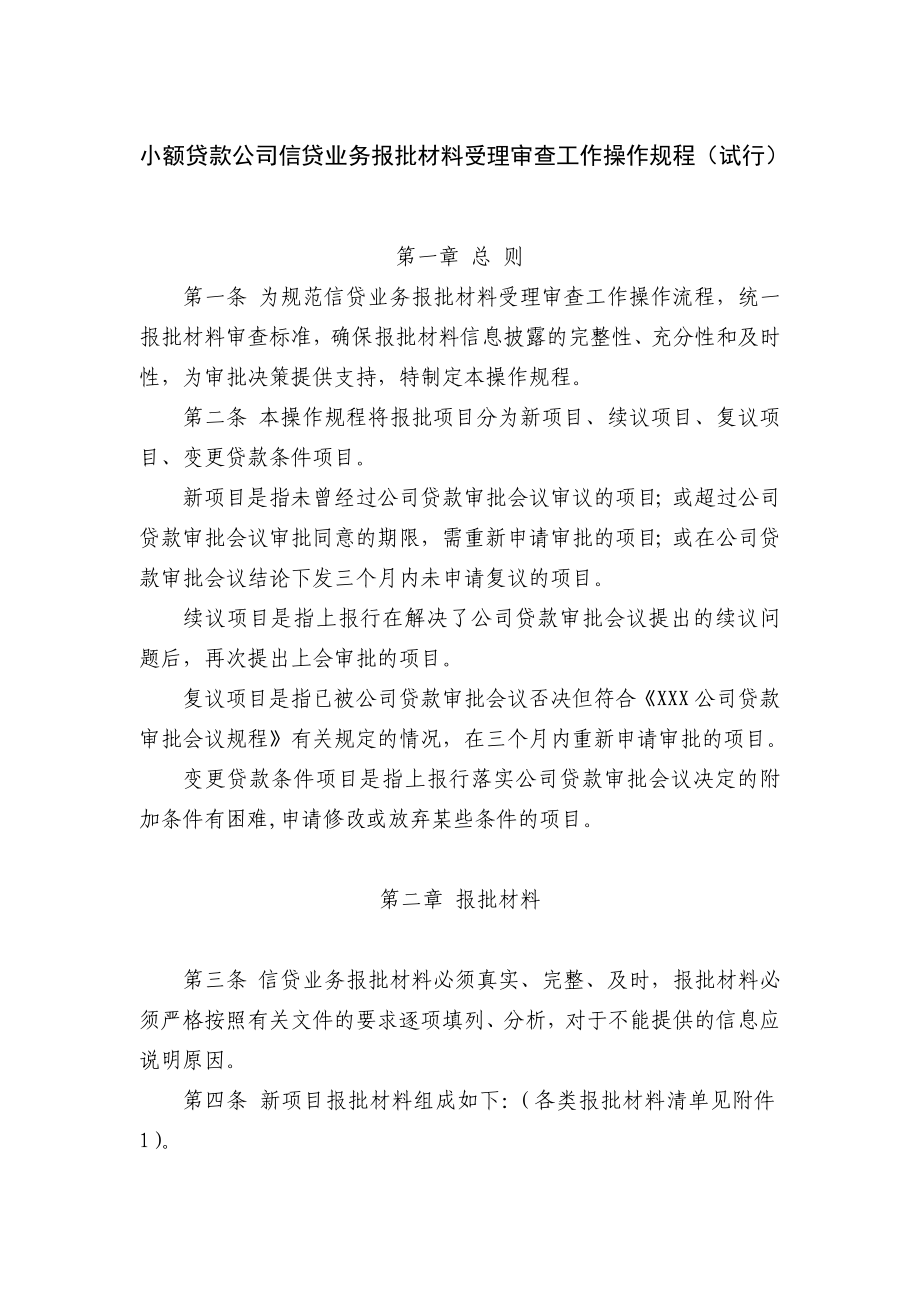 小额贷款公司信贷业务报批材料受理审查工作操作规程（试行） .doc_第1页