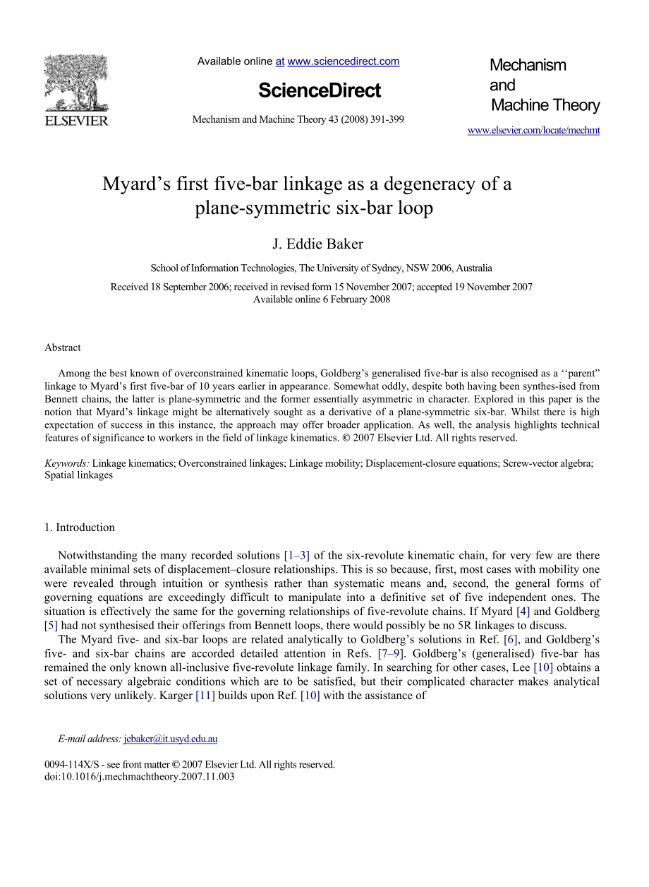 Myard’s first fivebar linkage as a degeneracy of a planesymmetric sixbar loop.doc_第1页