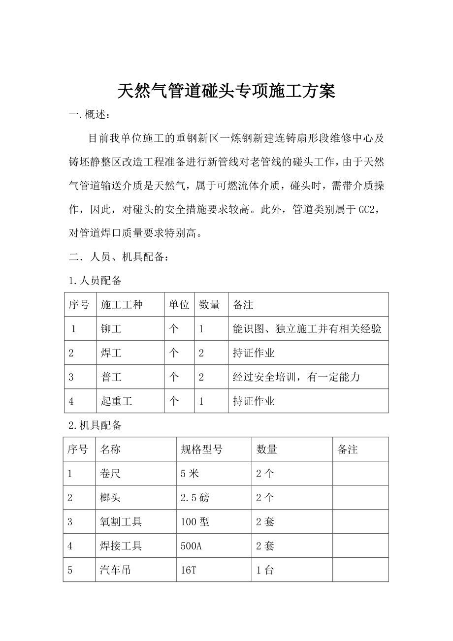 天然气管道碰头专项施工方案.doc_第1页