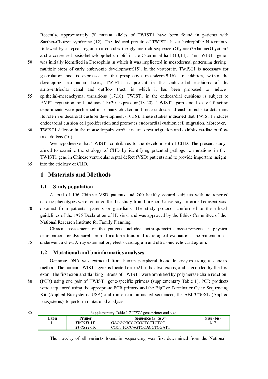 Functional analysis of two novel mutations in TWIST1 protein motifs found in ventricular septal defect patients DENG Xiaopeng1, WANG Binbin2,3, WANG Jing2,3, PAN Hong2,3, CHENG Zhi2,3,【推荐论文】.doc_第2页