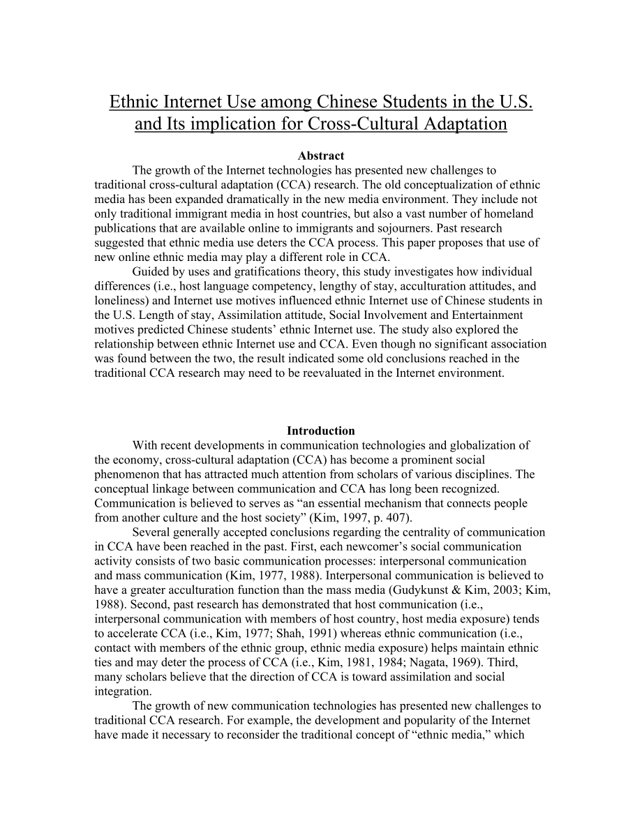 Ethnic Internet Use among Chinese Students in the U.S. and Its implication for CrossCultural Adaptation1.doc_第1页