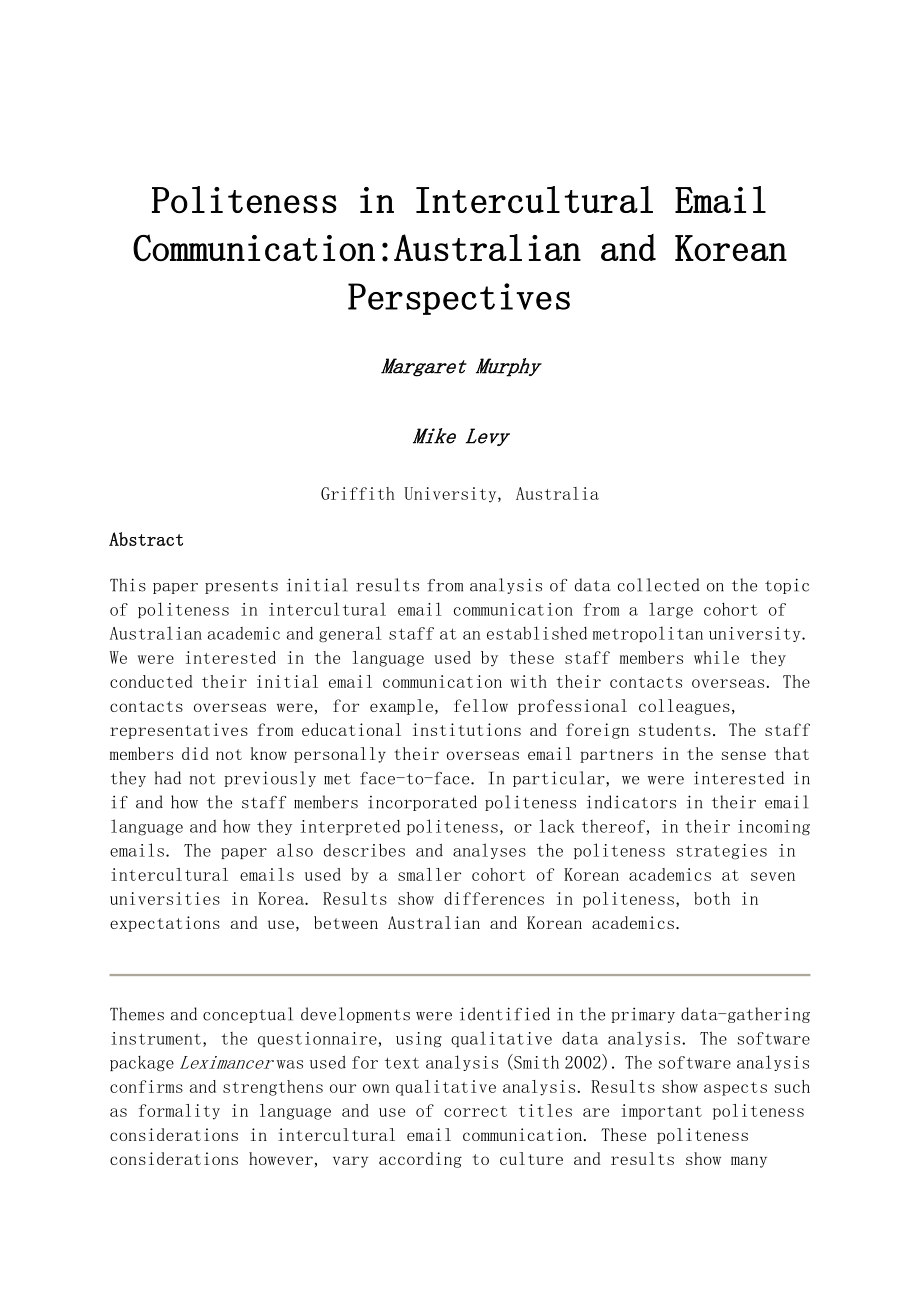 Politeness in Intercultural Email CommunicationAustralian and Korean Perspectives.doc_第1页