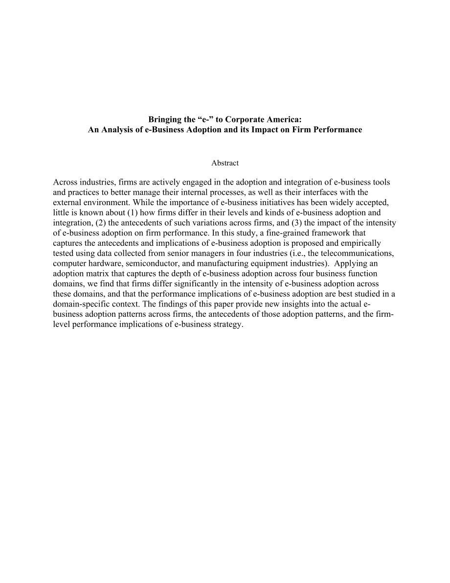 Bringing the “e” to Corporate America An Analysis of eBusiness Adoption and its Impact on Firm Performance.doc_第2页