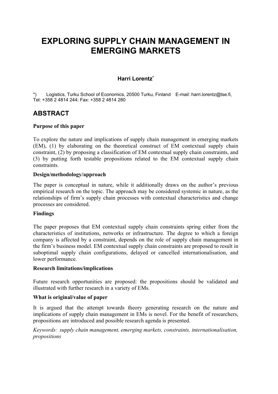 EXPLORING SUPPLY CHAIN MANAGEMENT IN EMERGING MARKETS.doc_第1页