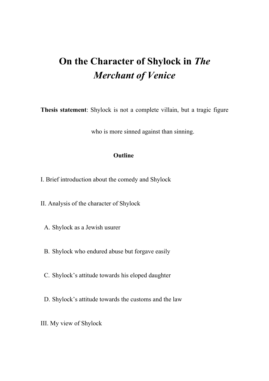On the Character of Shylock in The Merchant of Venice.doc_第1页
