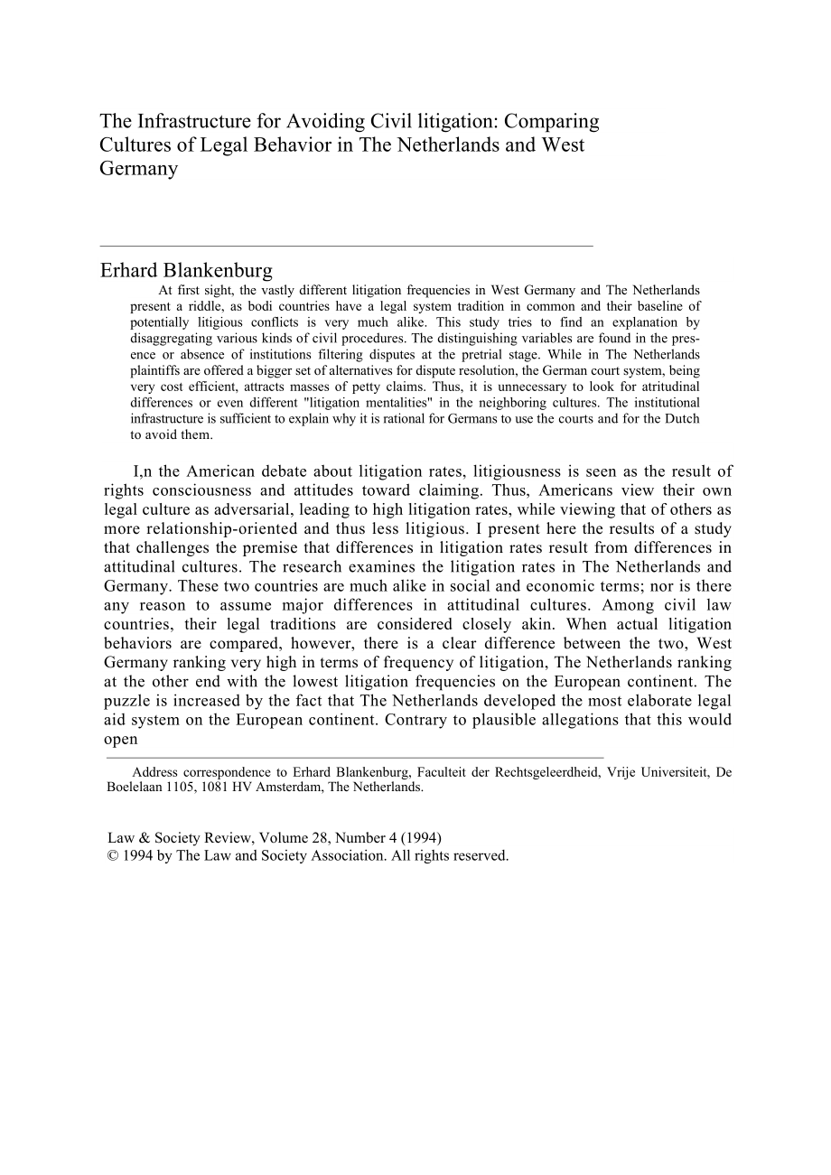 Infrastructure for Avoiding Civil Litigation Comparing Cultures of Legal Behavior in the Netherlands and West Germany.doc_第1页