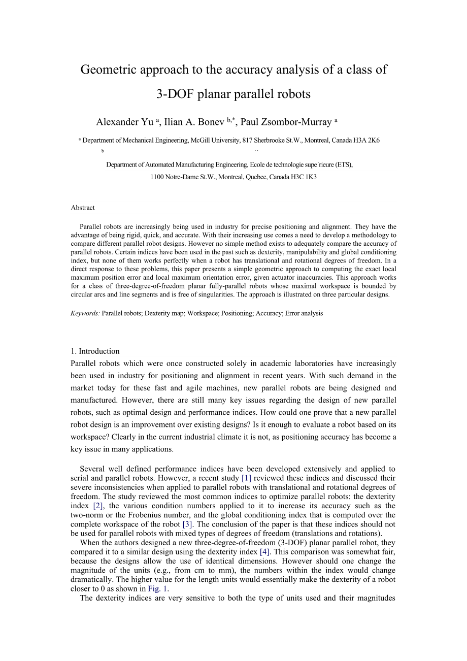 Geometric approach to the accuracy analysis of a class of 3DOF planar parallel robots.doc_第1页