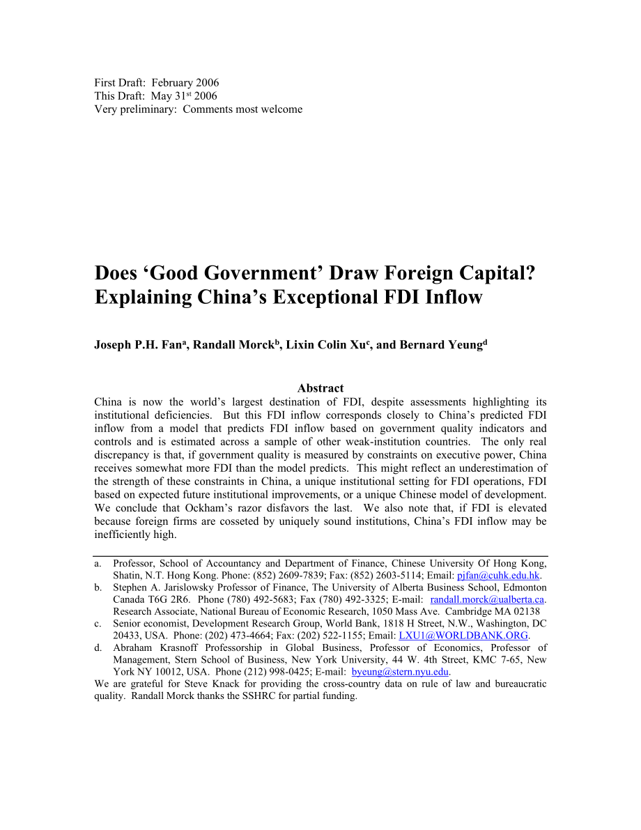 Does 'good government'draw foreign capital Explaining china's exceptional FDI inflow.doc_第1页