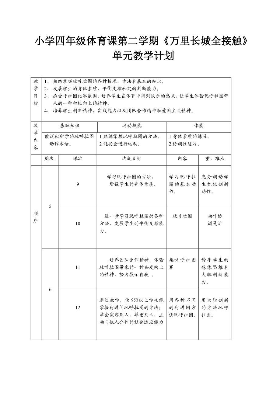 小学四级体育课第二学期《万里长城全接触》单元教学计划.doc_第1页