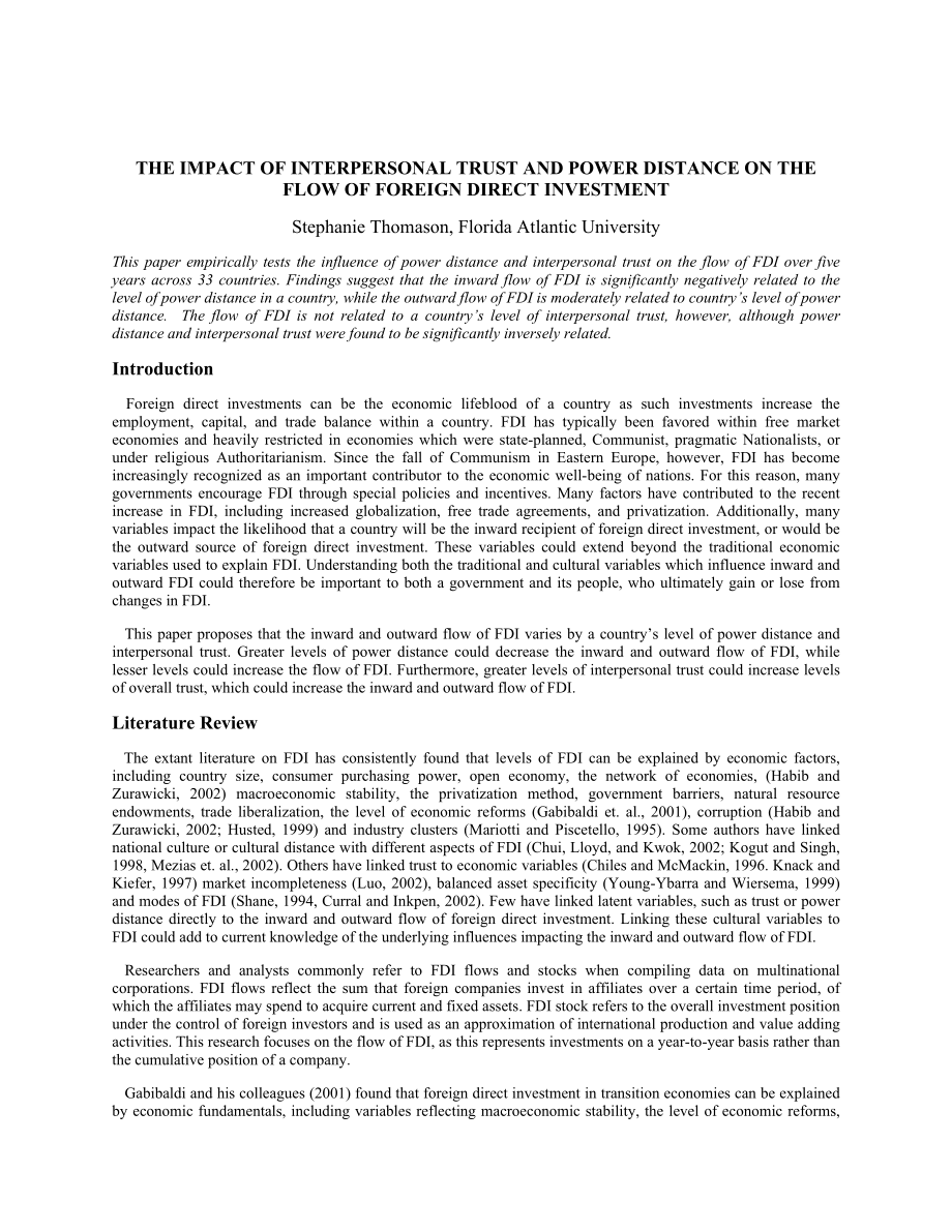 The impact of interpersonal trust and power distance on the flow of foreign direct investment.doc_第1页