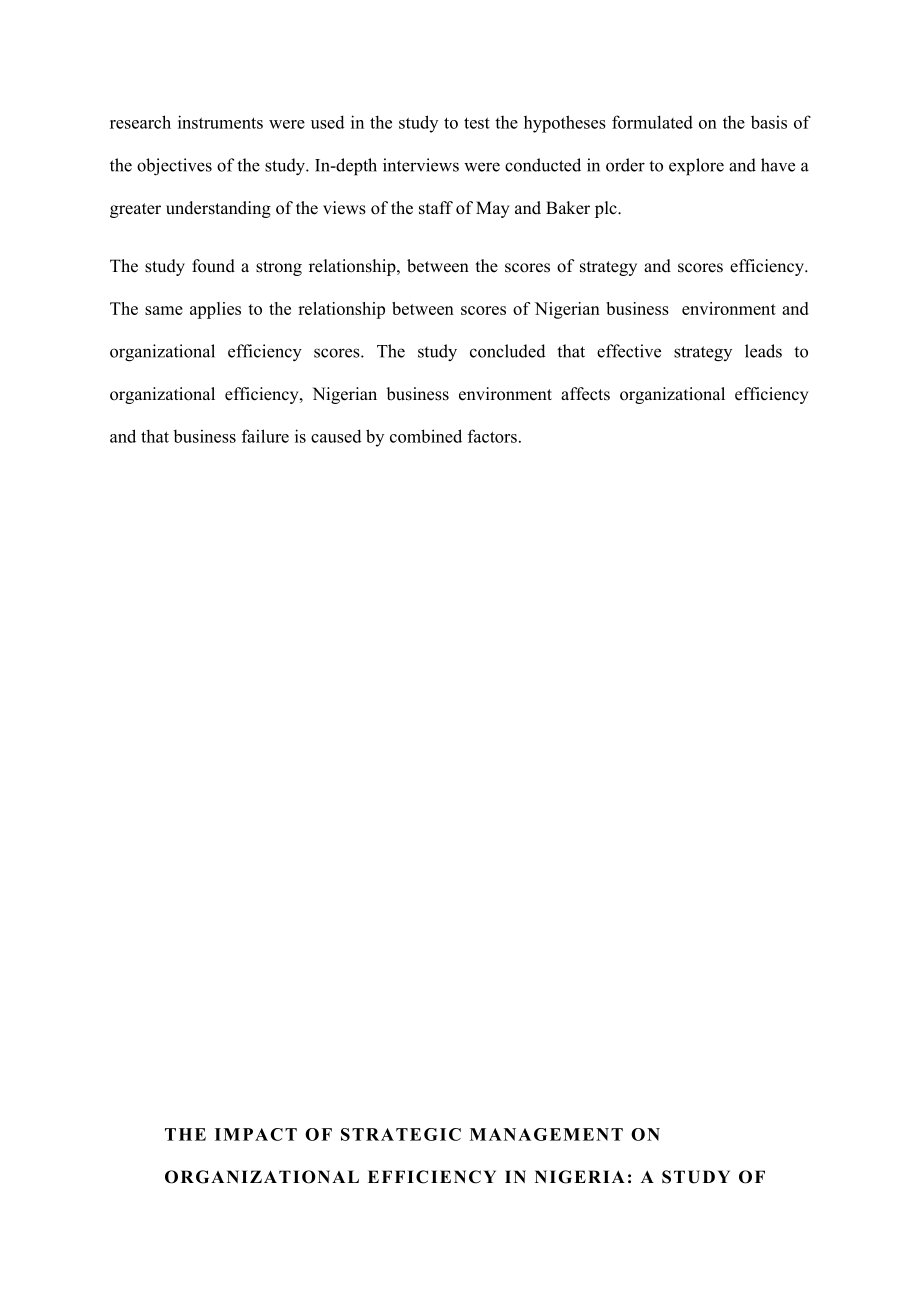 THE IMPACT OF STRATEGIC MANAGEMENT ON ORGANIZATIONAL EFFICIENCY IN NIGERIA A STUDY OF MAY AND BAKER NIGERIA PLC.doc_第2页