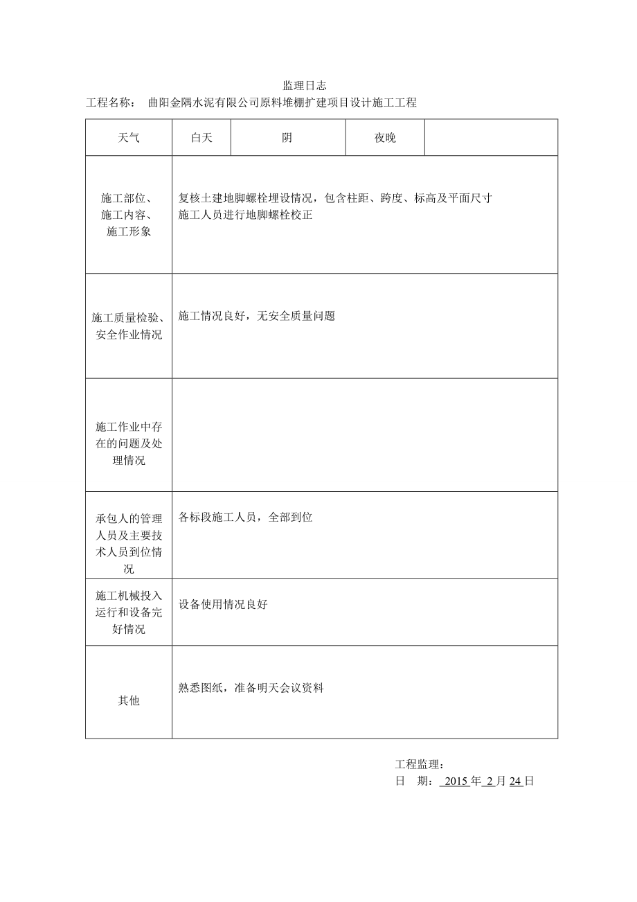 曲阳金隅水泥有限公司原料堆棚扩建项目设计施工工程监理日志.doc_第1页