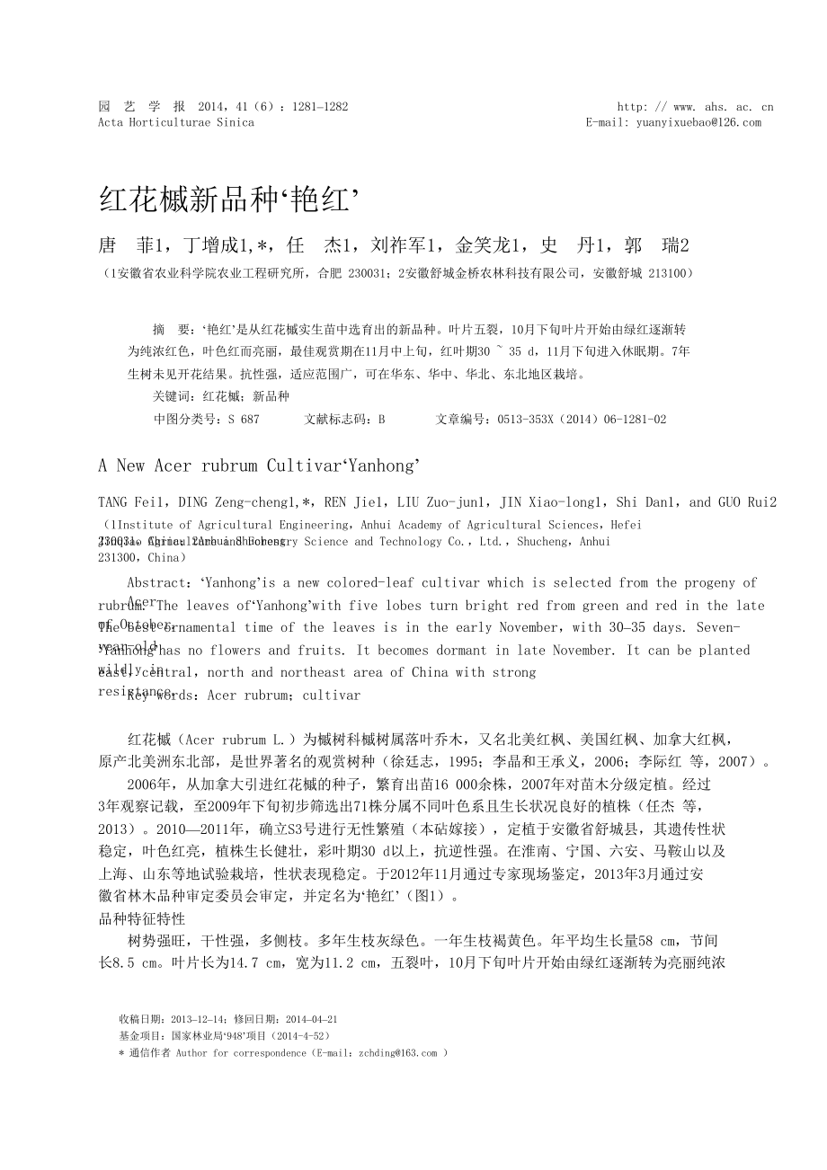 红花槭新品种‘艳红’.doc_第1页