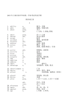 暑假功课上海初中卒业统一学业测验测验手册英语词汇表[优质文档].doc