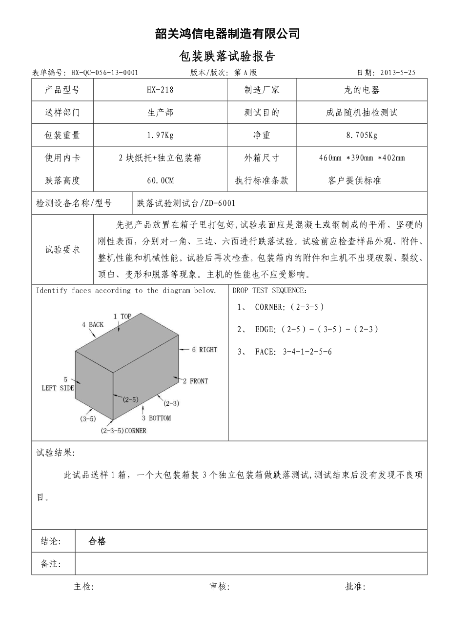 跌落试验报告(HX281)(大包装)成品随机抽检测试.doc_第1页