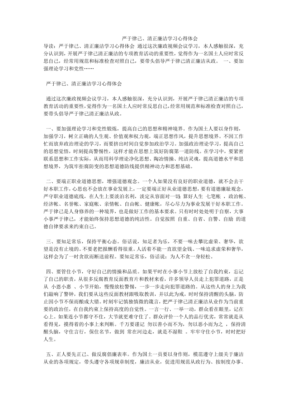 严于律己、清正廉洁学习心得体会.doc_第1页