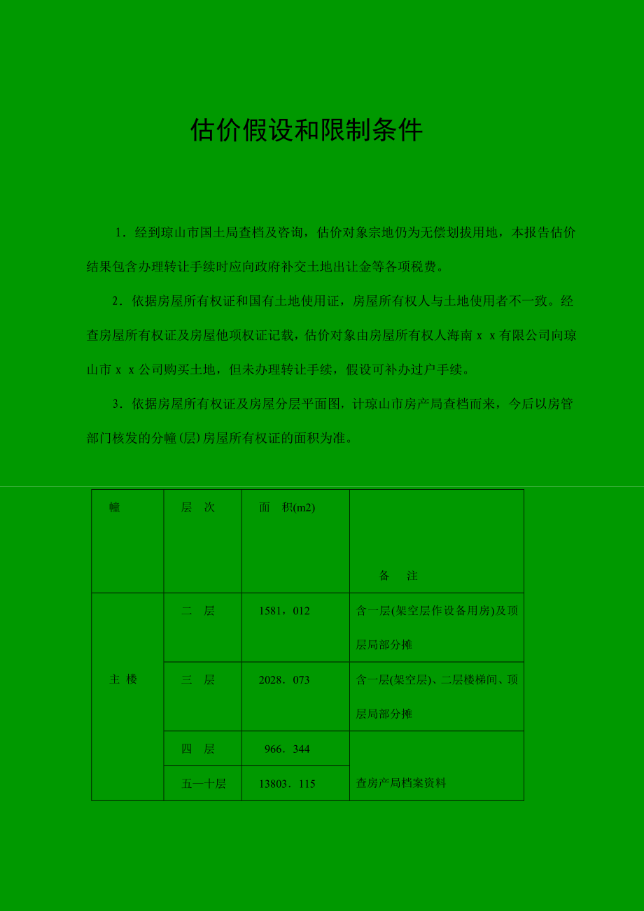 某大厦主楼停建工程及附楼涉案房地产价格评估报告三、估价假设和限制条件.doc_第1页