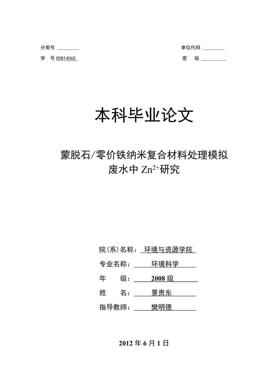 蒙脱石零价铁纳米复合材料处理模拟废水中Zn2+研究 环境科学毕业论文.doc_第1页