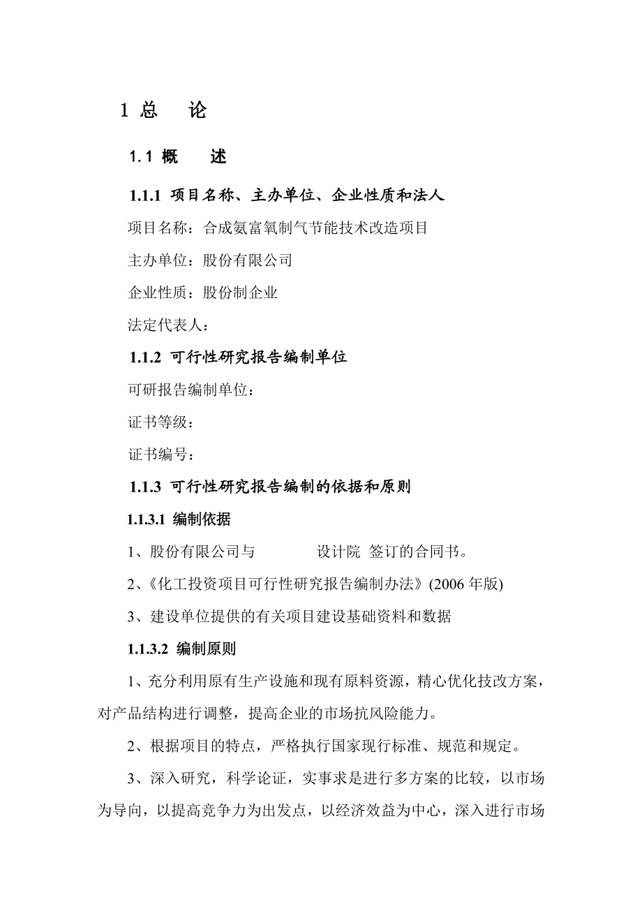 合成氨富氧制气节能技术改造项目可行性研究报告－优秀甲级资质资金申请报告.doc_第1页