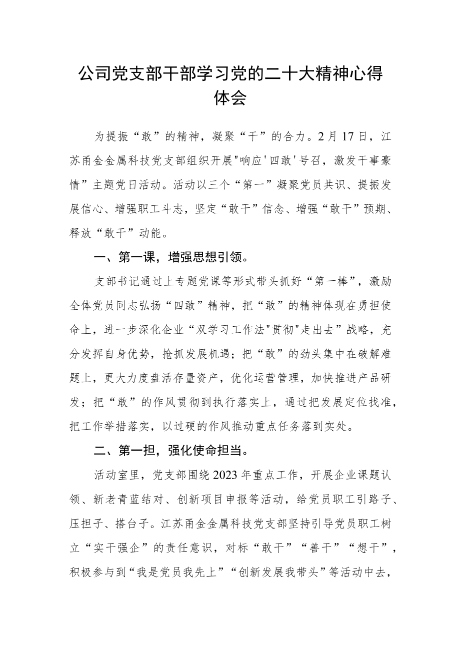 公司党支部干部学习党的二十大精神心得体会.docx_第1页