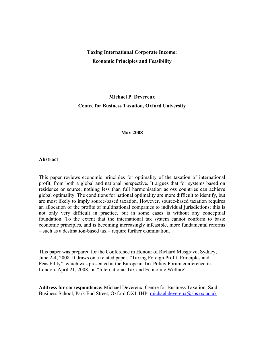 Taxing International Corporate Income Economic Principles and Feasibility.doc_第1页