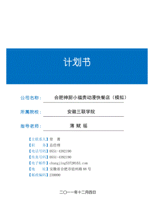 合肥神厨小福贵动漫快餐店创业商业计划书.doc
