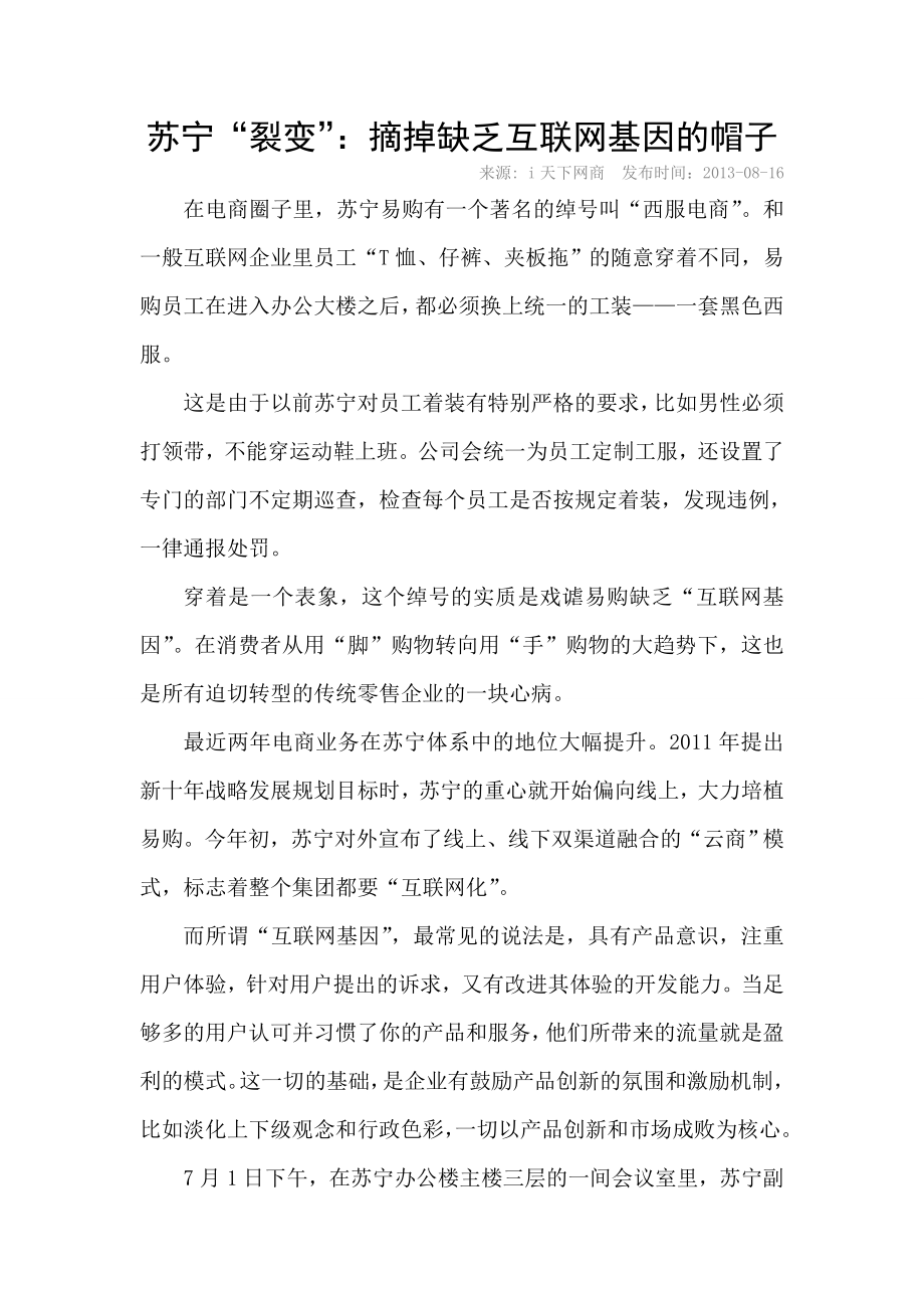 苏宁“裂变”：摘掉缺乏互联网基因的帽子.doc_第1页