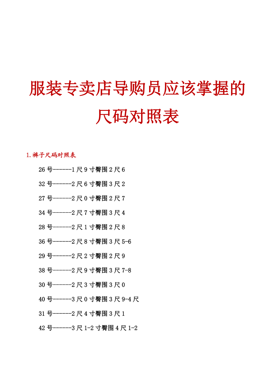 服装专卖店导购员应该掌握的尺码对照表.doc_第1页