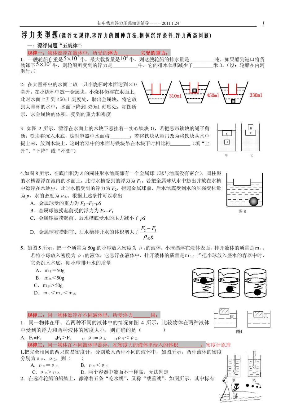 浮力类型题(漂浮五规律)和求浮力的方法本.doc_第1页