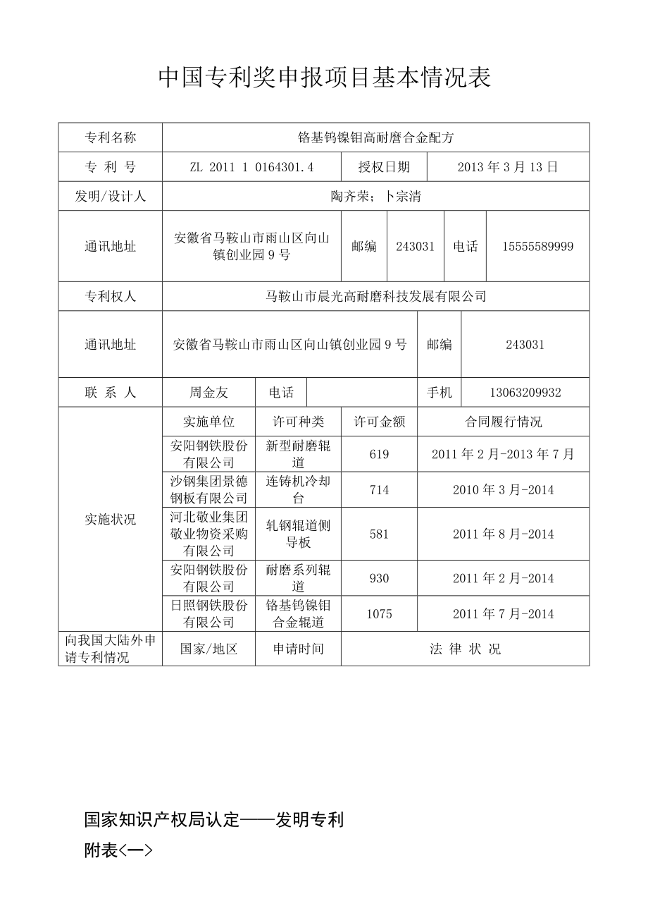 铬基钨镍钼高耐麿合金配方项目中国专利奖申报书.doc_第2页