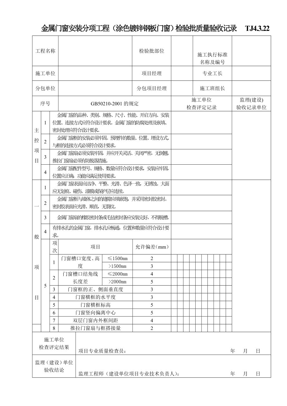 TJ4.3.22金属门窗安装分项工程（涂色镀锌钢板门窗）检验批质量验收记录.doc_第1页